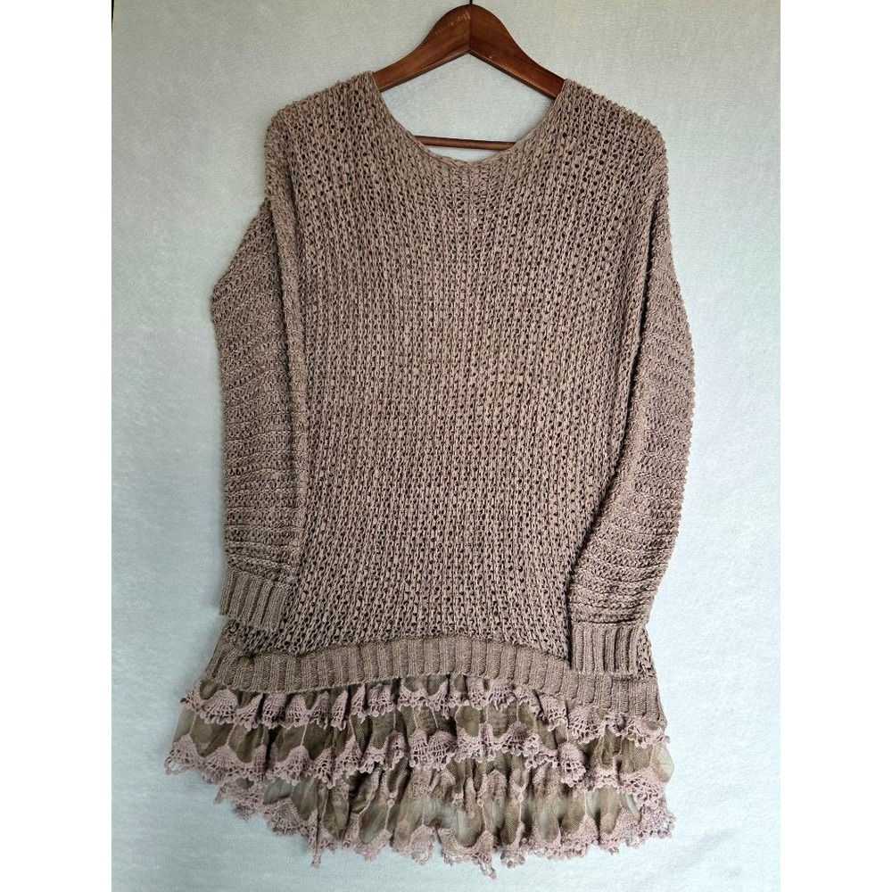 Entro Fairy Grunge Crochet Sweater M Lace Ruffle Hem Boho Festival Taupe - Picture 2 of 10